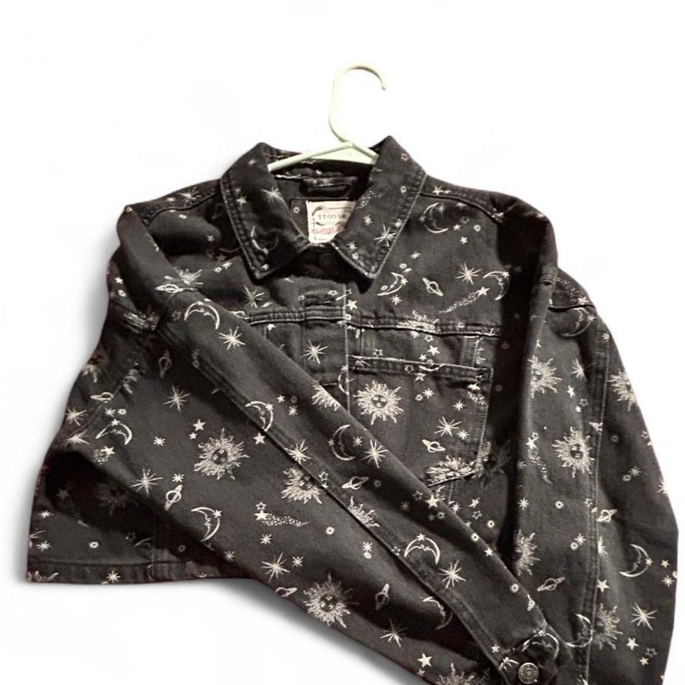 Black Denim Jacket with Celestial Print
